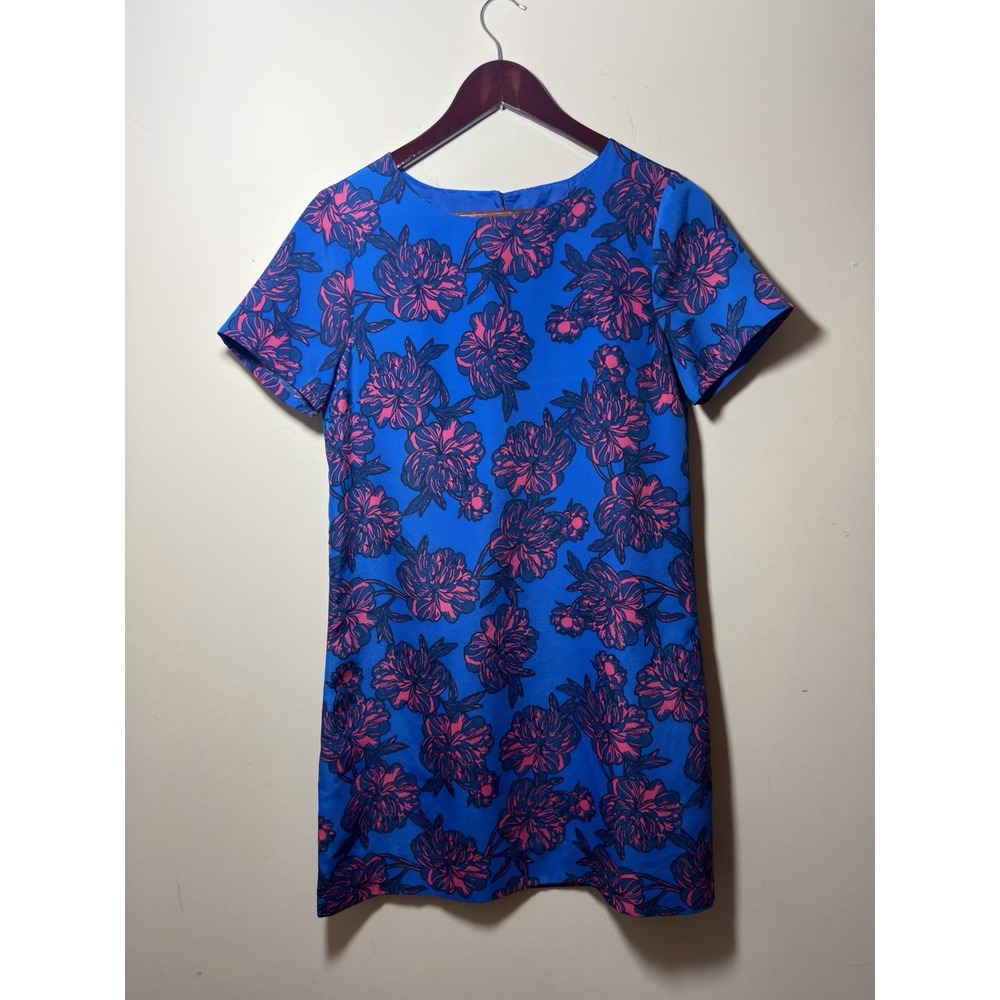 J. Crew Womens Gallery Shift Dress Size 4 Blue Red Short Sleeve Floral Print
